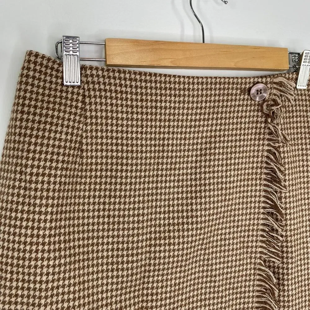 The Limited Brown Tan Houndstooth Fringe Trim Wrap Skirt Women's Size Medium‎ M